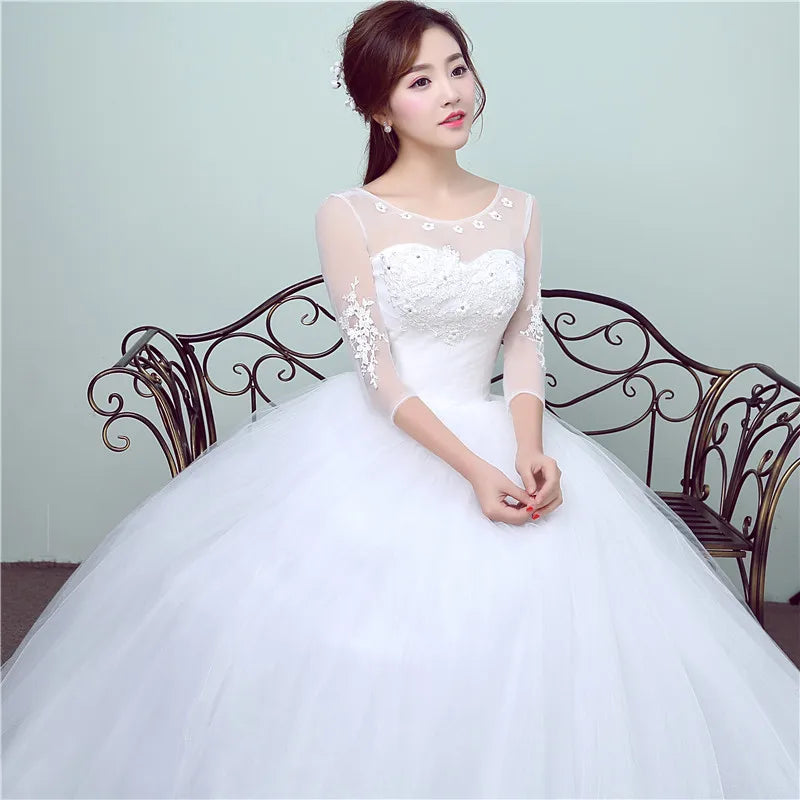 Simple Lace Three Quarter Sleeve Wedding Dress Sweet Elegant Floral Print Vestido De Noiva Bride Gown Cheap in China
