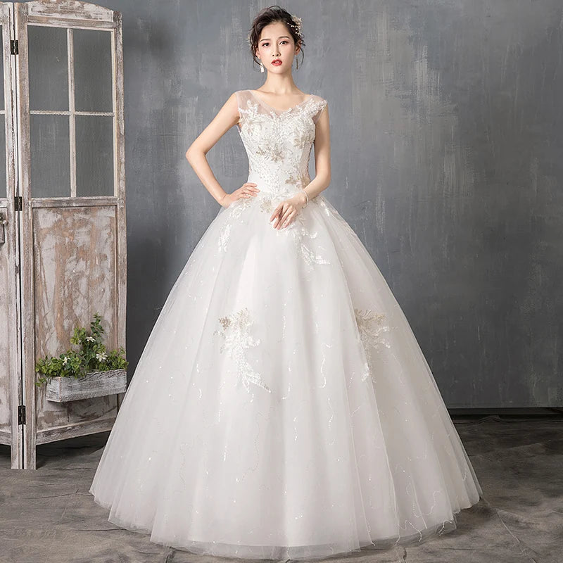 V-Neck Wedding Dress Sleeveless Backless Appliques Sequined Lace Bridal Gowns Cheap