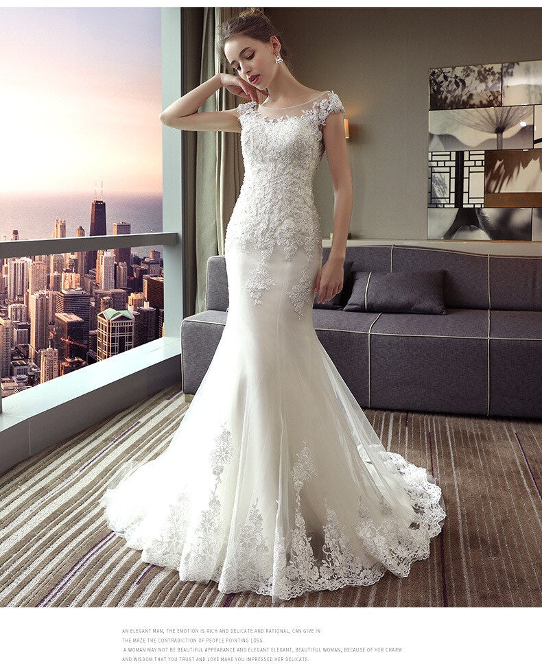 The Bridal O-neck Court Train Luxury Lace Embroidery Mermaid Princess Luxury Wedding Dress