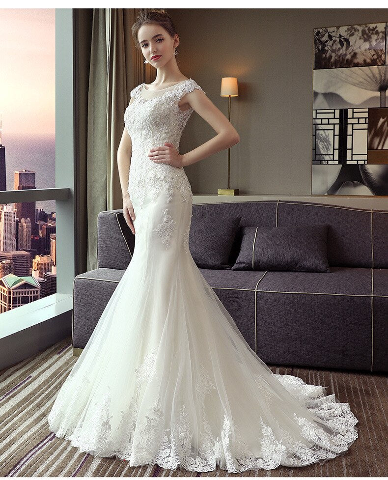 The Bridal O-neck Court Train Luxury Lace Embroidery Mermaid Princess Luxury Wedding Dress