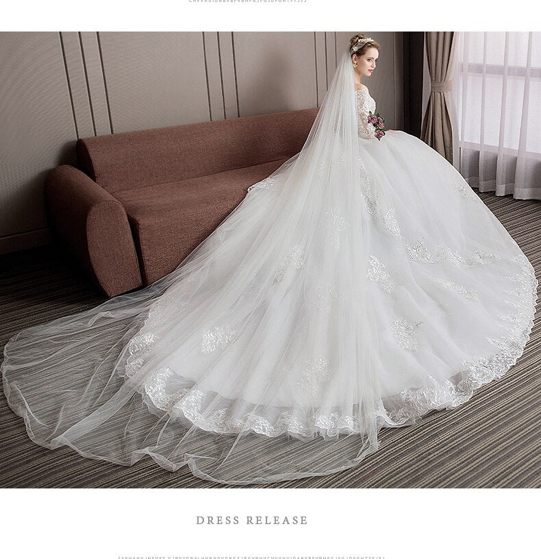 2023 Long Tail Half Sleeve Wedding Dress Princess Wedding Gown Lace V Neck Bridal Dress Plus Size