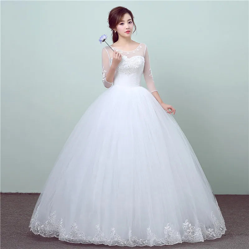 Simple Lace Three Quarter Sleeve Wedding Dress Sweet Elegant Floral Print Vestido De Noiva Bride Gown Cheap in China