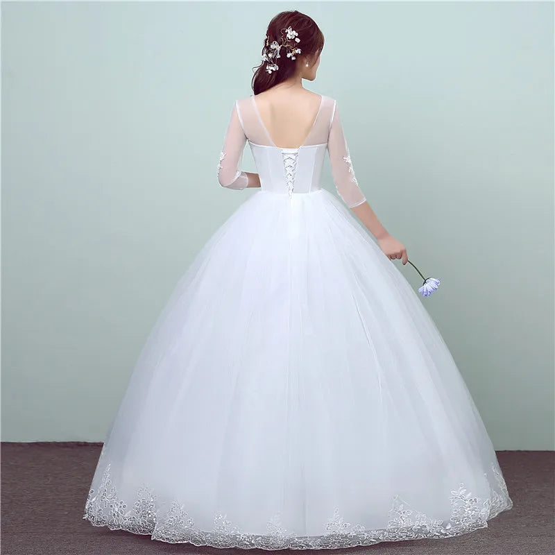 Simple Lace Three Quarter Sleeve Wedding Dress Sweet Elegant Floral Print Vestido De Noiva Bride Gown Cheap in China