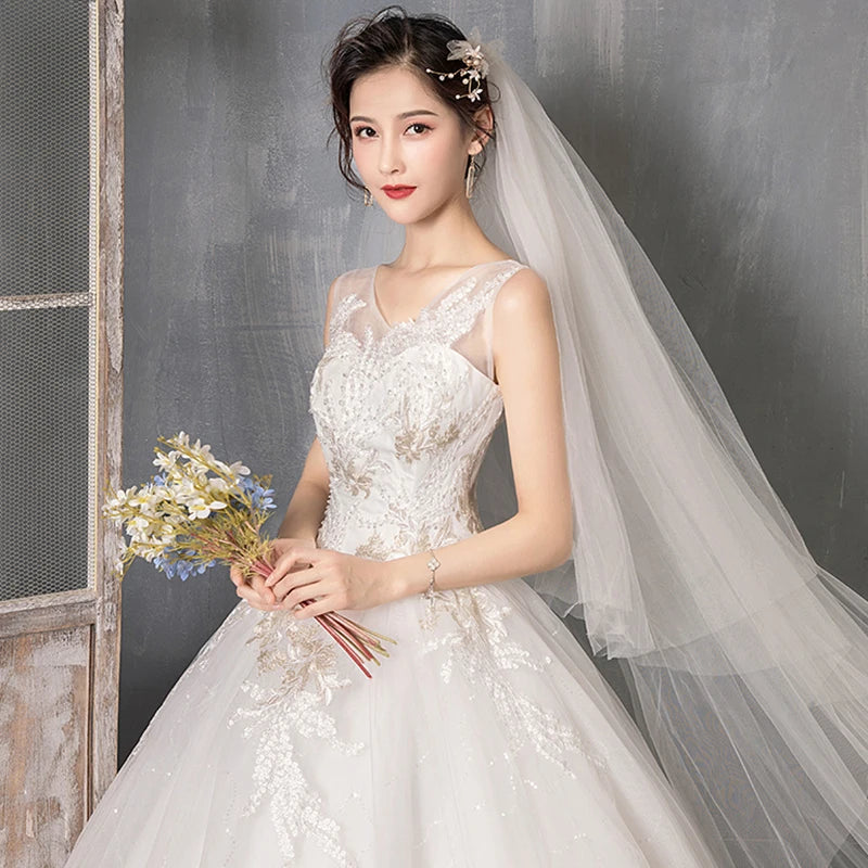 V-Neck Wedding Dress Sleeveless Backless Appliques Sequined Lace Bridal Gowns Cheap