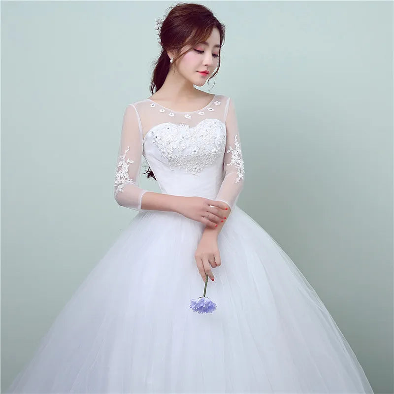 Simple Lace Three Quarter Sleeve Wedding Dress Sweet Elegant Floral Print Vestido De Noiva Bride Gown Cheap in China