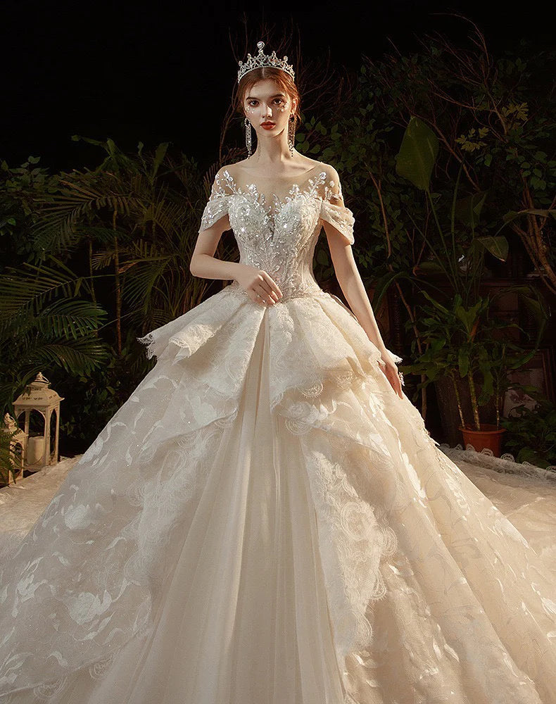 O-Neck Illusion Long Sleeve Brilliant Embroidery Lace Sequins Beading Bridal Gowns With Train