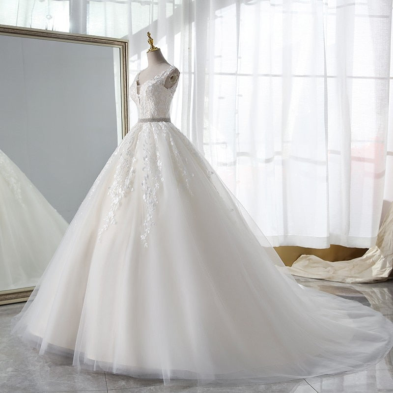 Champagne Wedding Dress With Trian Sexy V-neck Bridal Dress Backless Ball Gown
