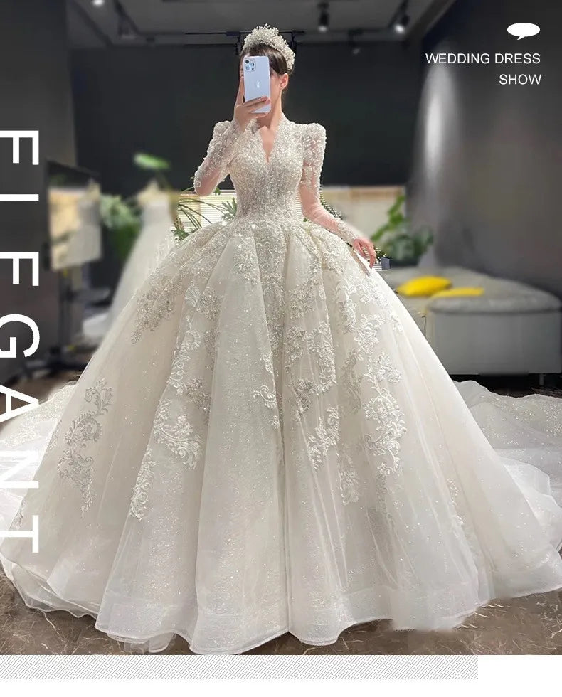 Gorgeous V Neck Illusion Full Sleeve Shining Beaded Crystal Lace Applique Wedding Party Bridal Gowns