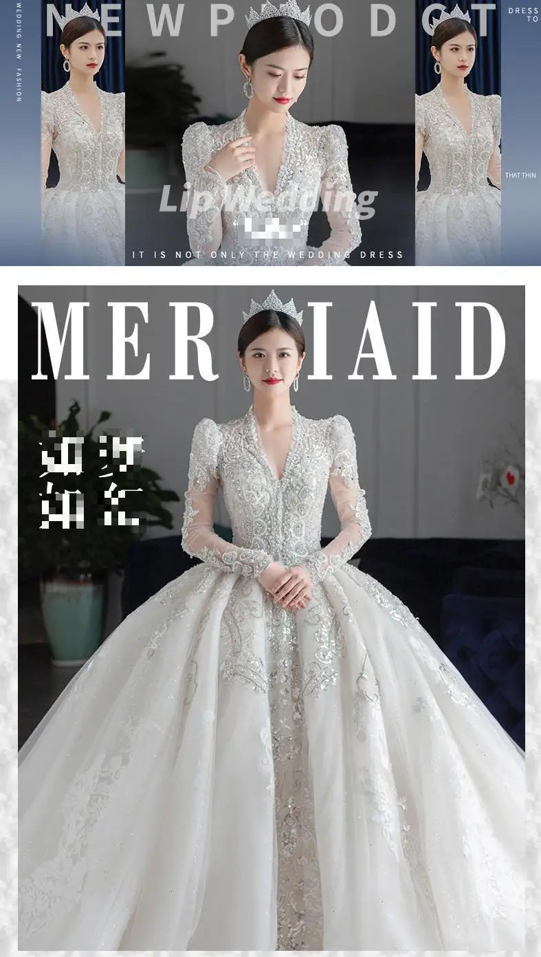 Luxury Bedading Long Sleeve Winter Wedding Dress V Neck