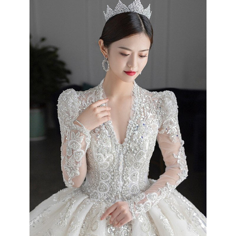 Long Sleeved Winter V Neck Luxury Long Sweep Train Beading Princes Wedding Gown