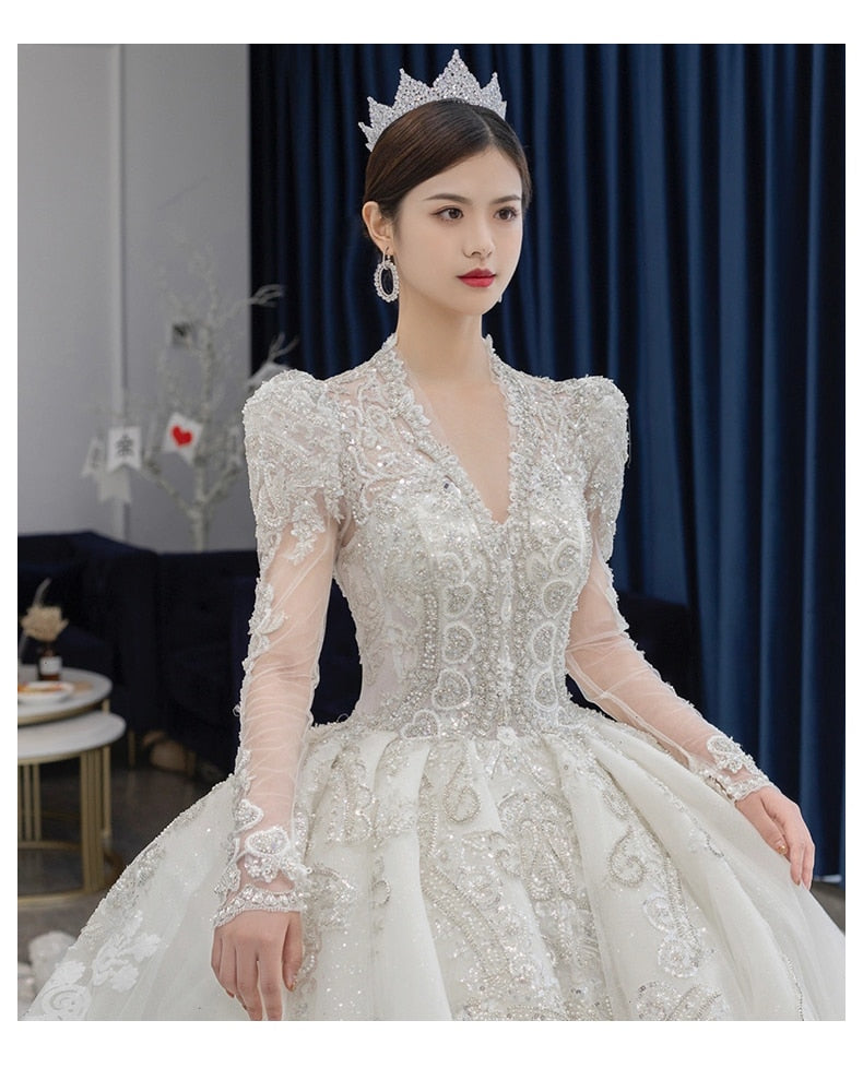 Long Sleeved Winter V Neck Luxury Long Sweep Train Beading Princes Wedding Gown
