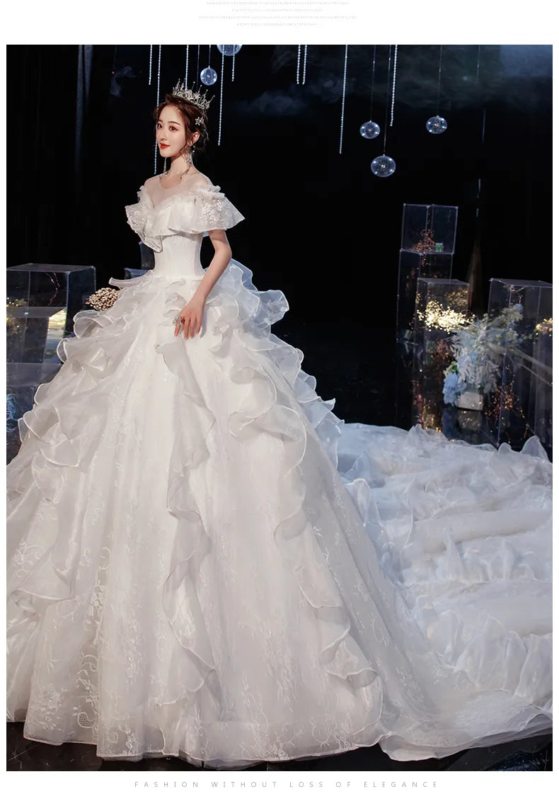 Luxury Lace Wedding Gown With Train Ball Gown Classic Cap Sleeve