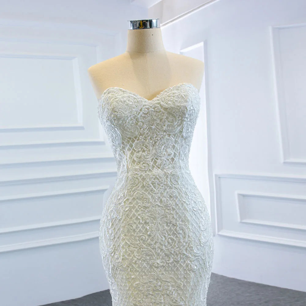 2 Pieces Pearls Lace Mermaid Wedding Dress With Detachable Chapel Train