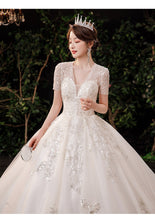 Load image into Gallery viewer, Luxury Handmade Custom Made Wedding Dress With Sweep Train Sexy V Neck Bridal Ball Gown Lace Beading Short Sleeve Dress
