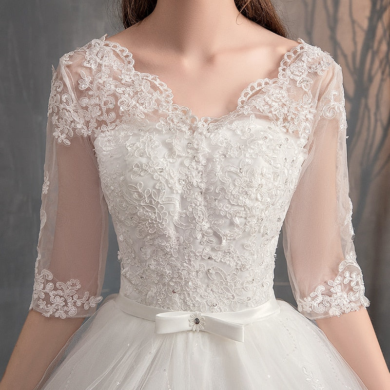 Lace Embroidery Half Sleeve Wedding Dresses Long Train Wedding Gown Belt V Neck Elegant