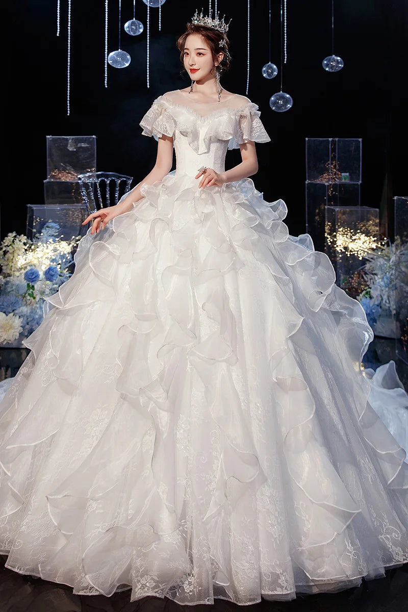 Luxury Lace Wedding Gown With Train Ball Gown Classic Cap Sleeve