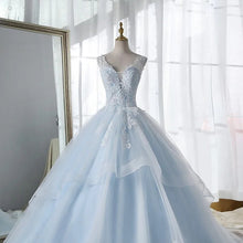Load image into Gallery viewer, Sky Blue Inner With Double Lace Ruffle Deep V-neck Backless A-line Bridal Dress
