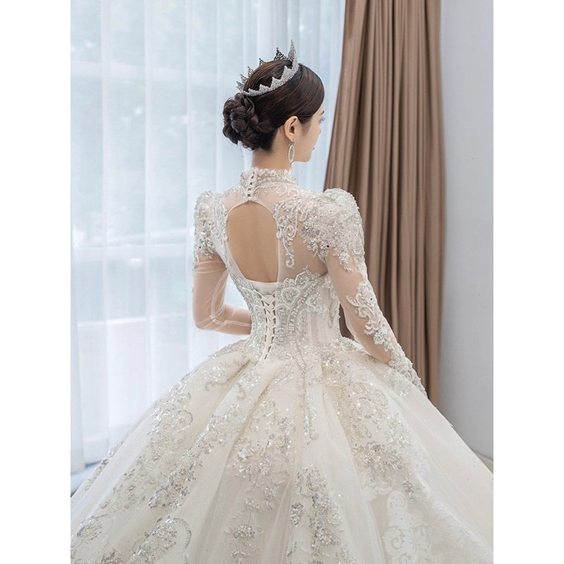 Long Sleeved Winter V Neck Luxury Long Sweep Train Beading Princes Wedding Gown