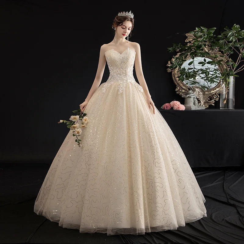 New Korean Lace Strapless Sexy Dubai Wedding Dresses Spring Bridal Gown Cheap Wedding Gowns