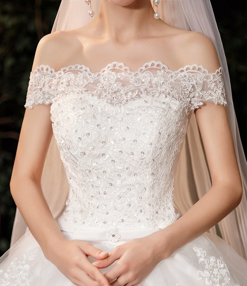 New Boat Neck Wedding Dress Sweep Brush Train Ball Gown Bridal Dress Lace Up Wedding Gowns Vestidos De Novia