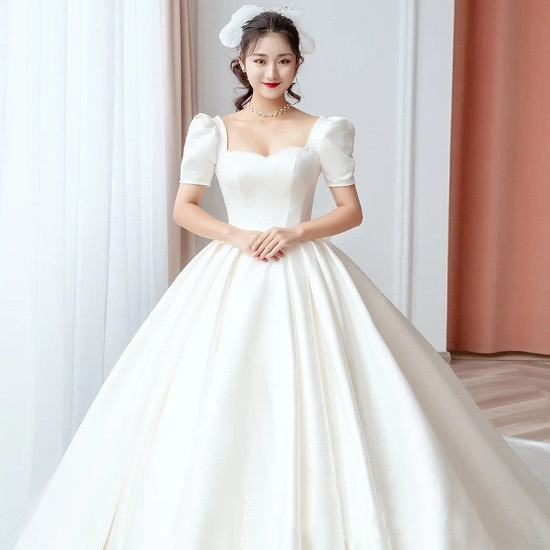 Luxury Satin Wedding Dress Pure White With Train Simple Bridal Ball Gown Custom Made