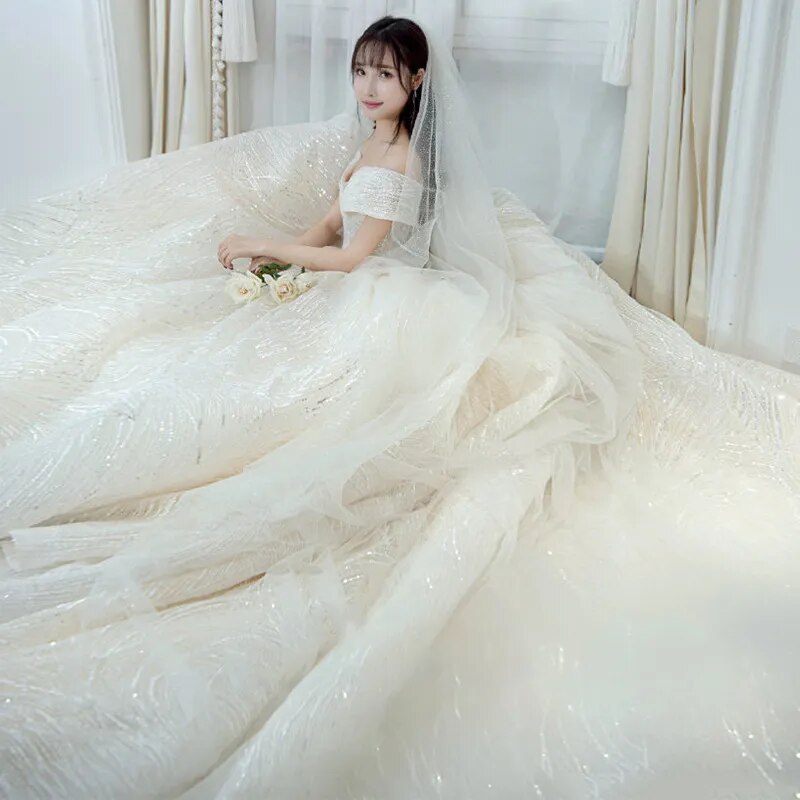 Luxury Sequins Wedding Dress Classic Boat Neck Bridal Gown Off The Shoulder