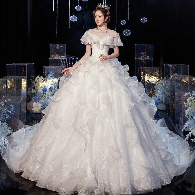 Luxury Lace Wedding Gown With Train Ball Gown Classic Cap Sleeve