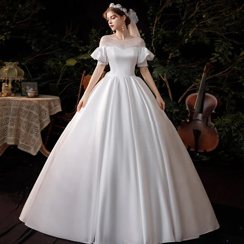 Satin Wedding Dress Puff Sleeve Classic O-neck Lace Up Ball Gown