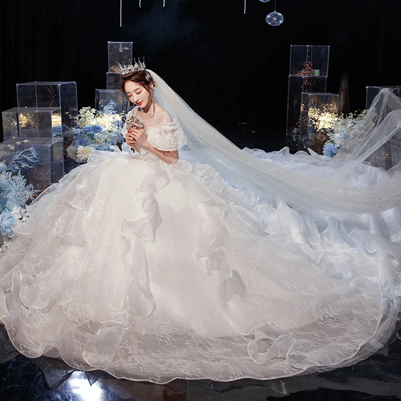 Luxury Lace Wedding Gown With Train Ball Gown Classic Cap Sleeve