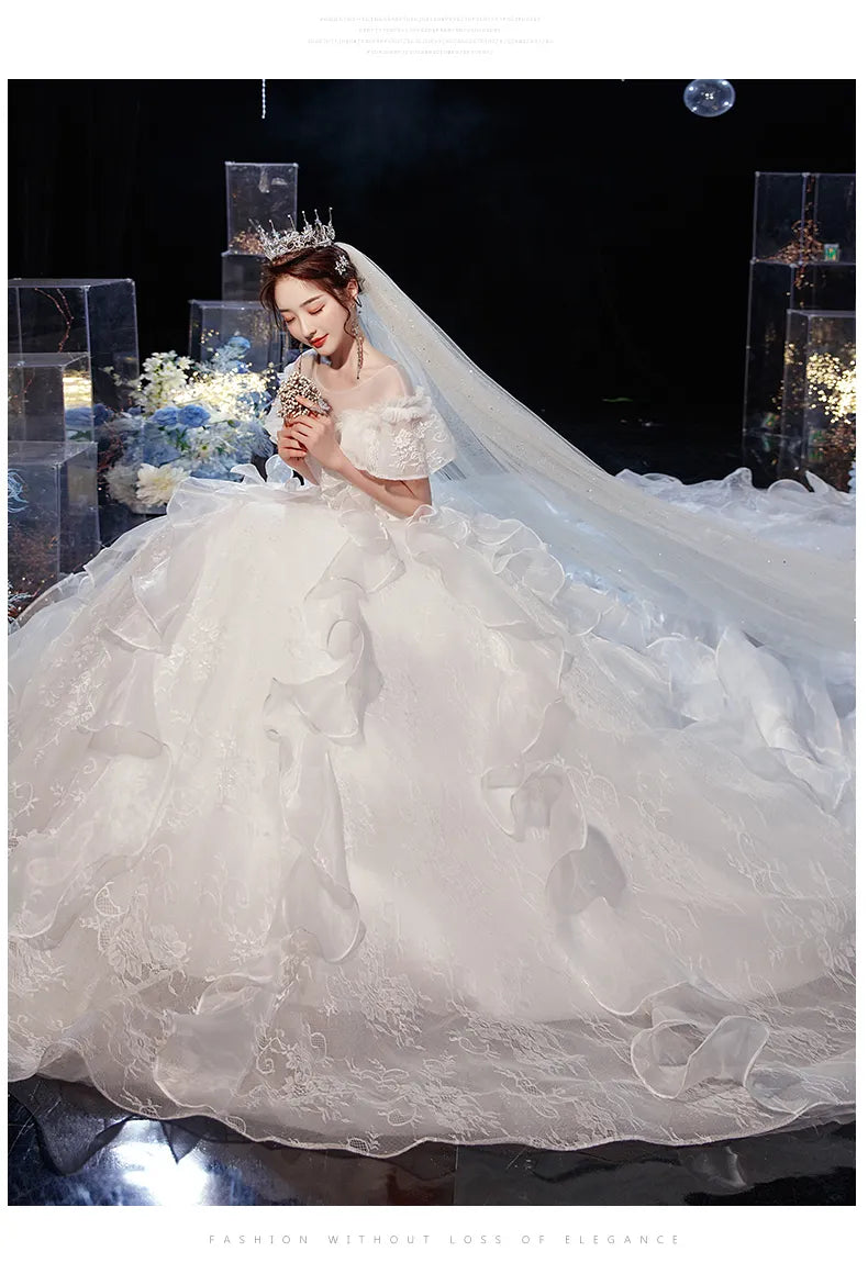 Luxury Lace Wedding Gown With Train Ball Gown Classic Cap Sleeve
