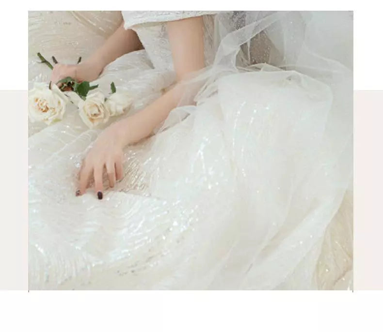 Luxury Sequins Wedding Dress Classic Boat Neck Bridal Gown Off The Shoulder