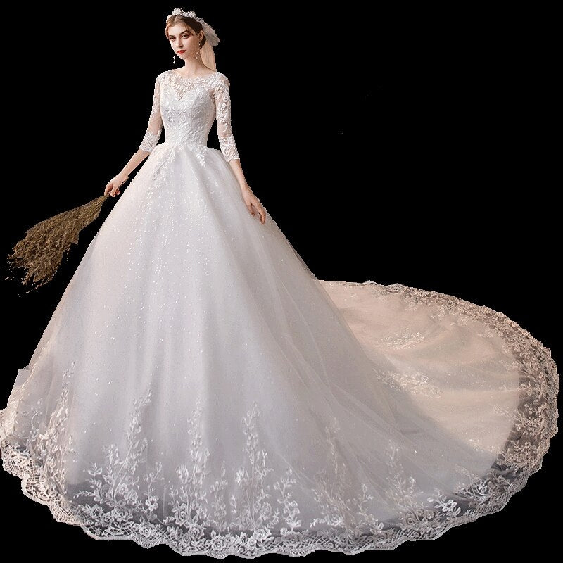 Boat Neck With Train Three Quarter Sleeve Lace Up Bridal Ball Gown