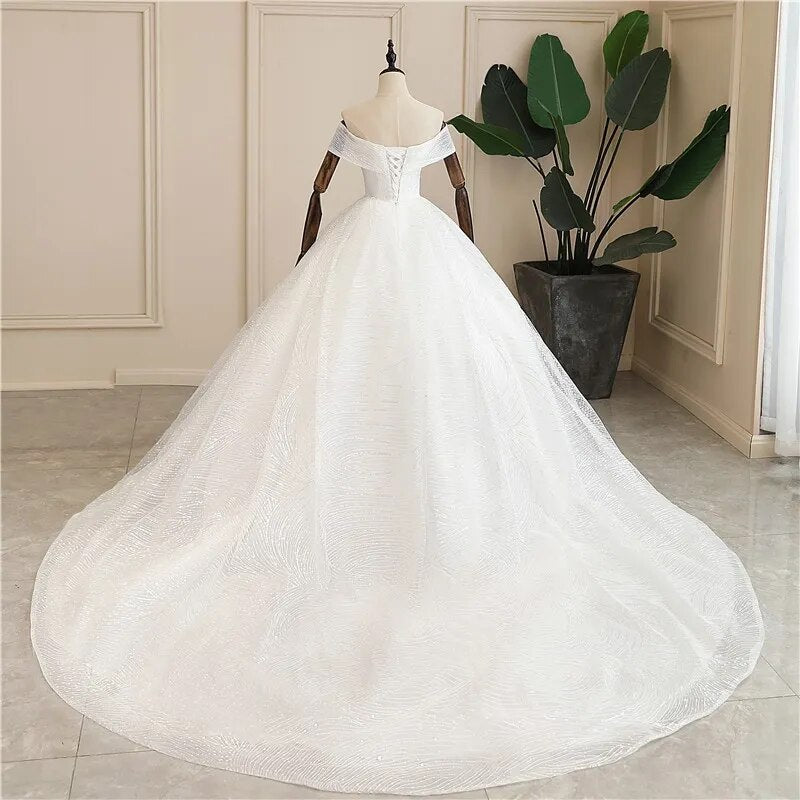 Luxury Sequins Wedding Dress Classic Boat Neck Bridal Gown Off The Shoulder