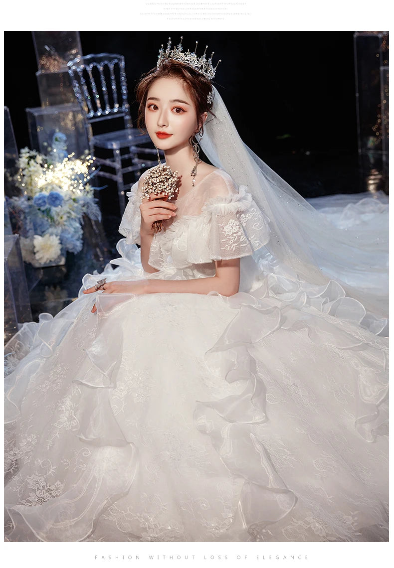 Luxury Lace Wedding Gown With Train Ball Gown Classic Cap Sleeve