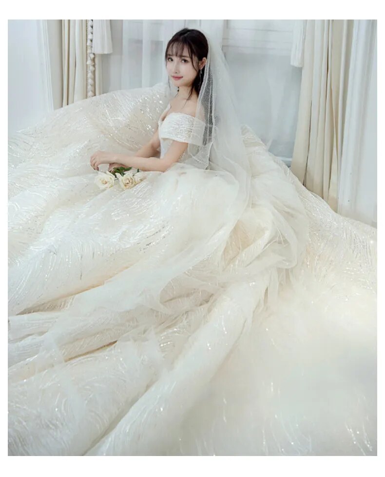 Luxury Sequins Wedding Dress Classic Boat Neck Bridal Gown Off The Shoulder