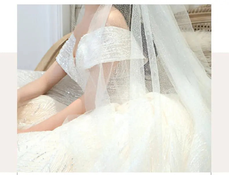 Luxury Sequins Wedding Dress Classic Boat Neck Bridal Gown Off The Shoulder