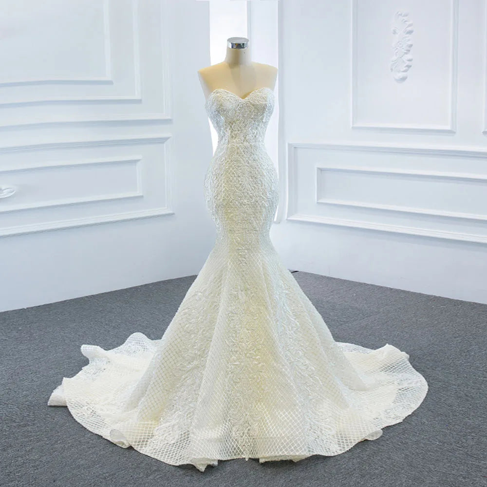 2 Pieces Pearls Lace Mermaid Wedding Dress With Detachable Chapel Train