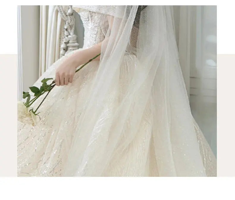 Luxury Sequins Wedding Dress Classic Boat Neck Bridal Gown Off The Shoulder
