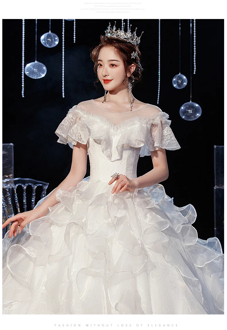 Luxury Lace Wedding Gown With Train Ball Gown Classic Cap Sleeve