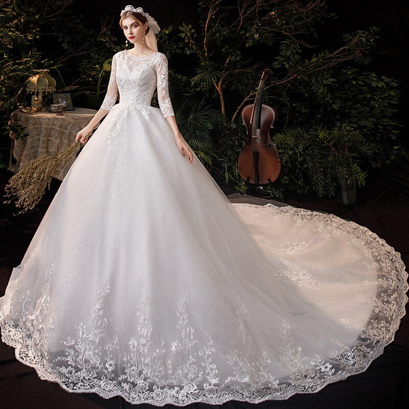 Boat Neck With Train Three Quarter Sleeve Lace Up Bridal Ball Gown