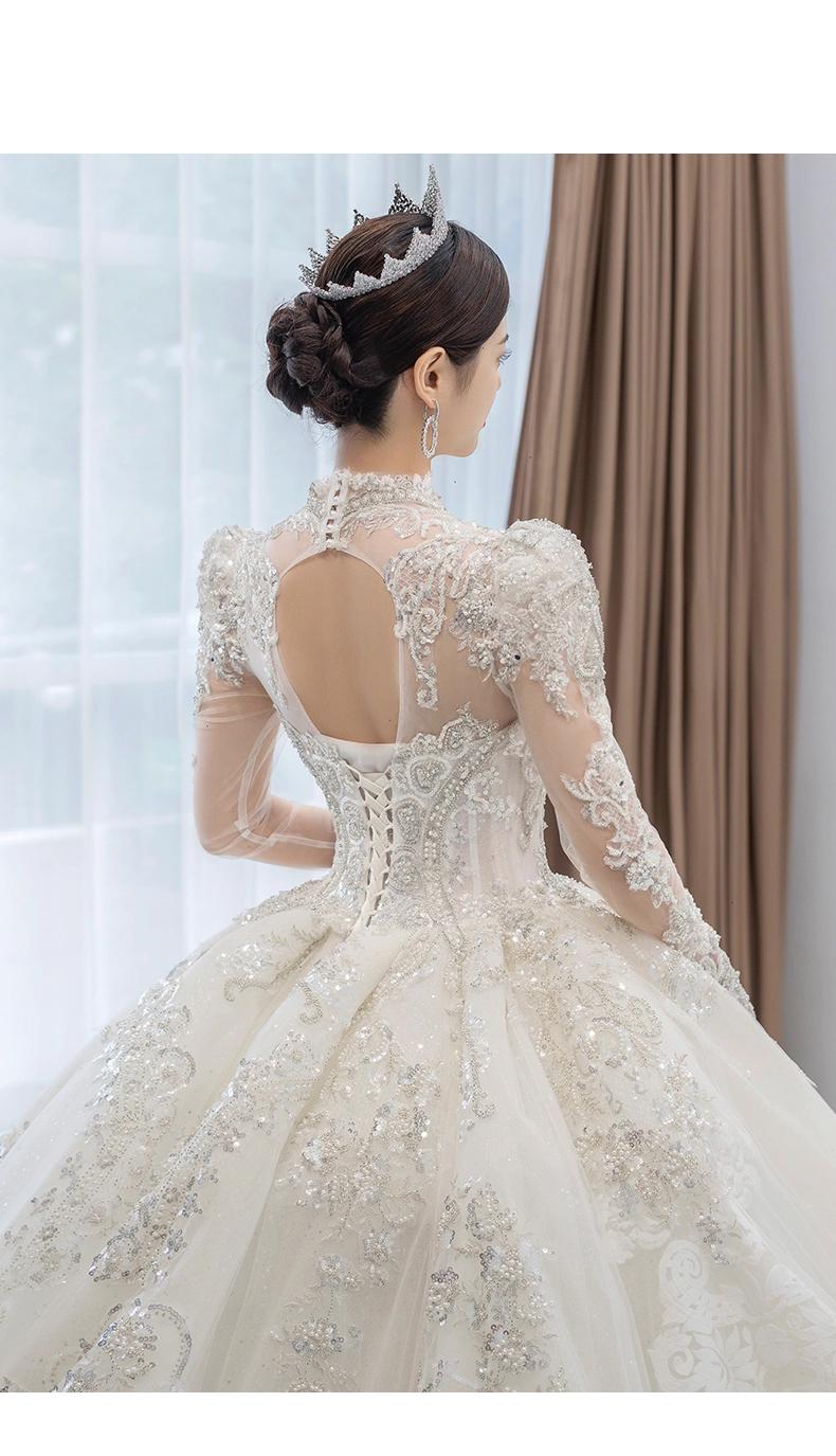 Long Sleeved Winter V Neck Luxury Long Sweep Train Beading Princes Wedding Gown
