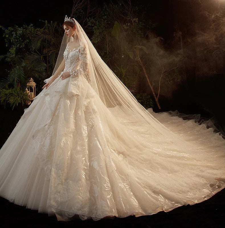 O-Neck Illusion Long Sleeve Brilliant Embroidery Lace Sequins Beading Bridal Gowns With Train