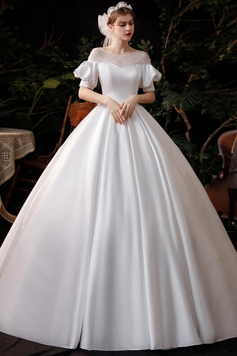 Satin Wedding Dress Puff Sleeve Classic O-neck Lace Up Ball Gown