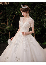 Load image into Gallery viewer, Luxury Handmade Custom Made Wedding Dress With Sweep Train Sexy V Neck Bridal Ball Gown Lace Beading Short Sleeve Dress
