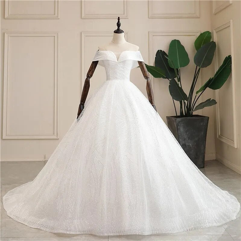 Luxury Sequins Wedding Dress Classic Boat Neck Bridal Gown Off The Shoulder