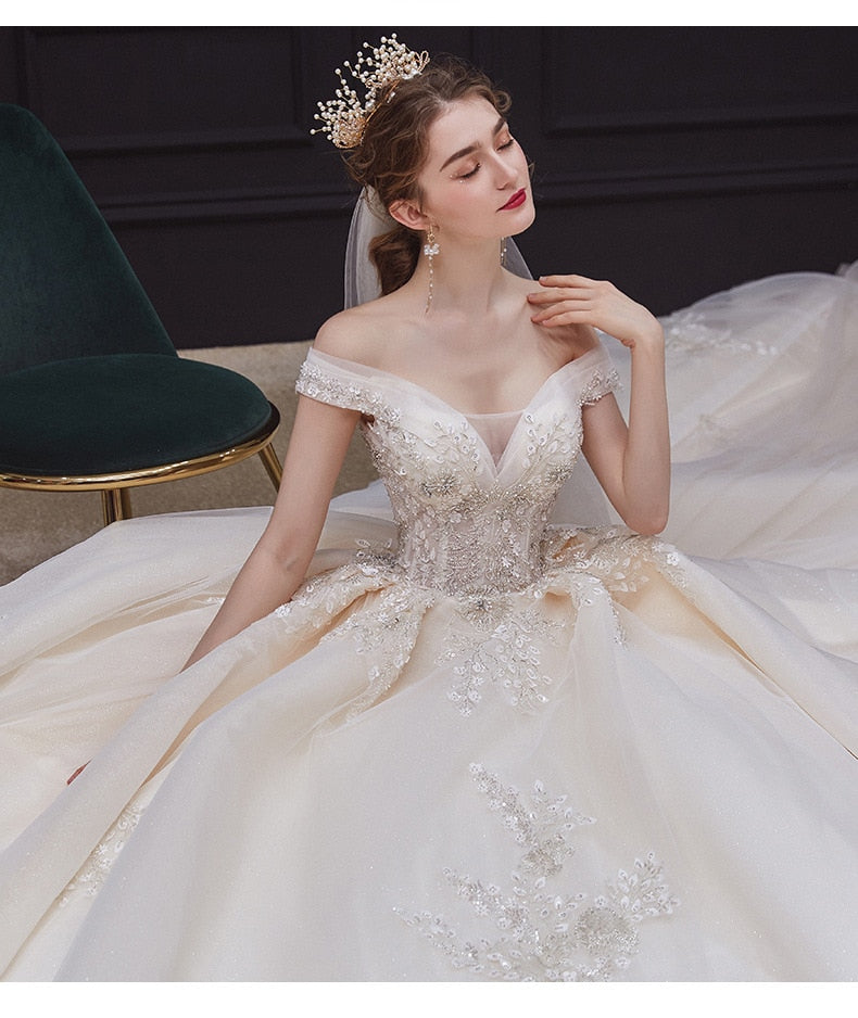 Luxury Handmade Boat Neck Wedding Dress With Train Lace Flower Bridal Dress Elegant Off The Shoulder Ball Gown