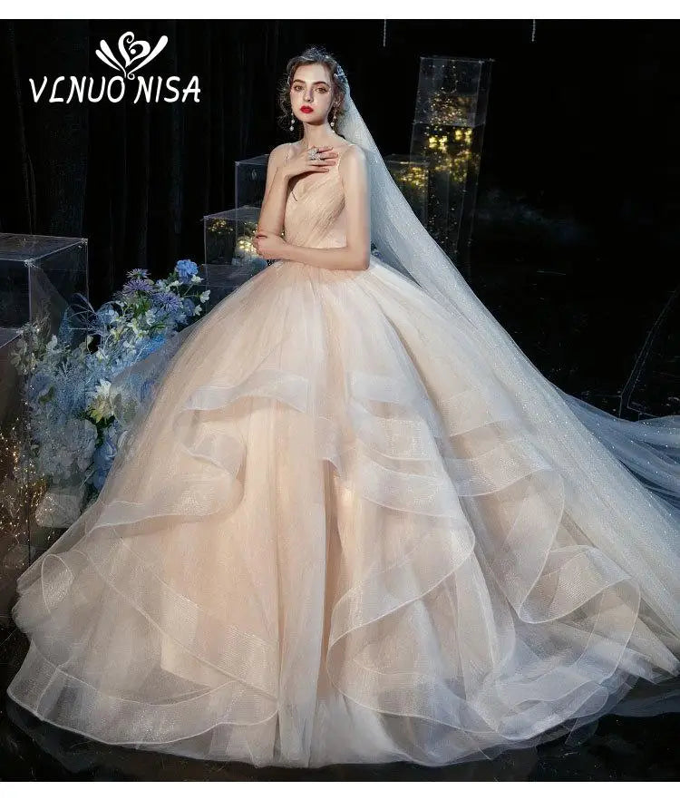 Wedding dress Sexy Deep V Neck Ball Gowns Spaghetti Straps Off White Champagne Tulle Bridal Dress