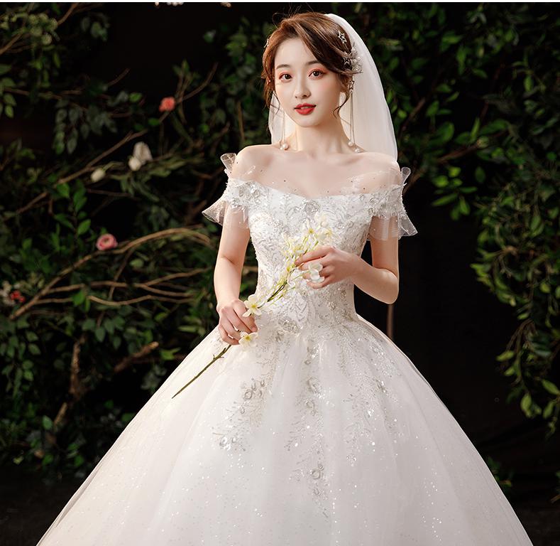 Boat Neck Wedding Dress Shining Sequins Wedding Gown