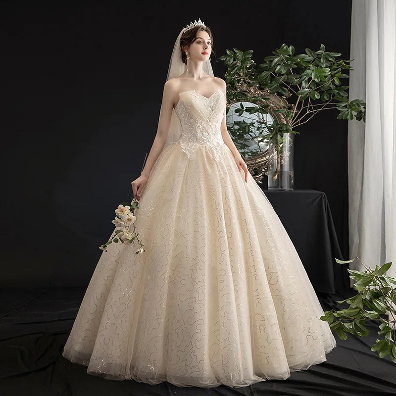 New Korean Lace Strapless Sexy Dubai Wedding Dresses Spring Bridal Gown Cheap Wedding Gowns