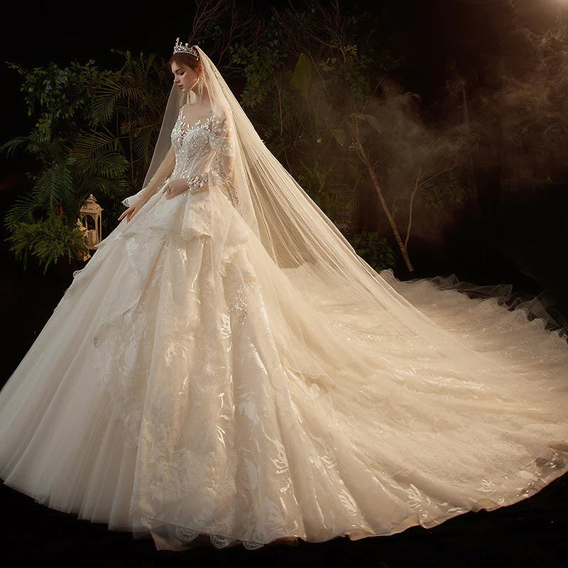 O-Neck Illusion Long Sleeve Brilliant Embroidery Lace Sequins Beading Bridal Gowns With Train